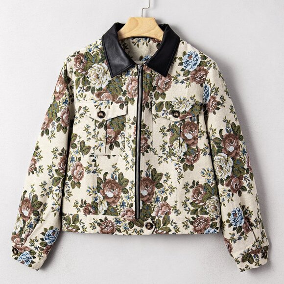 Boutique Jackets & Blazers - B318 Khaki Floral Print Zip Up Collared Jacket